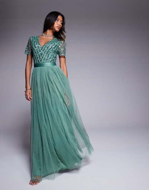 Maya Belted stripe embellished bridesmaid maxi dress in dark sage