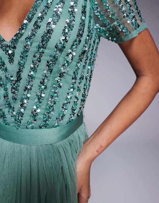 Maya Belted stripe embellished bridesmaid maxi dress in dark sage, 2 of 4