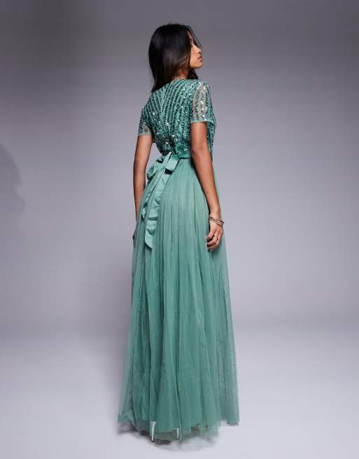 Maya Belted stripe embellished bridesmaid maxi dress in dark sage, 3 of 4