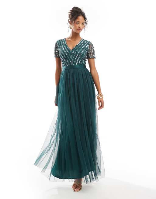 Maya Belted stripe embellished bridesmaid maxi dress in emerald green