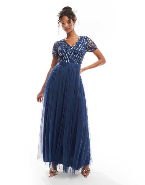 Maya Belted stripe embellished bridesmaid maxi dress in french navy