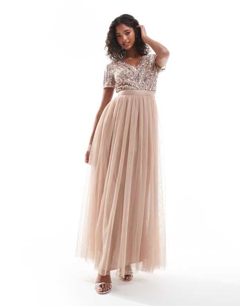 Maya Belted stripe embellished bridesmaid maxi dress in taupe blush