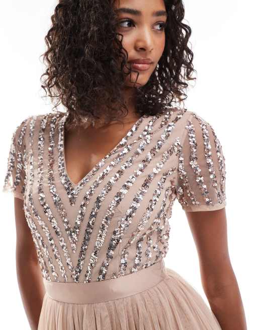 maya taupe bridesmaid dress Maya Taupe Blush V Neckline Embellished Midi Dress – Maya Deluxe