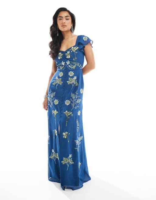 Maya – Besticktes, kurzärmliges Maxikleid in Blau mit Schlüsselloch-Rückenausschnitt, 2 von 4
