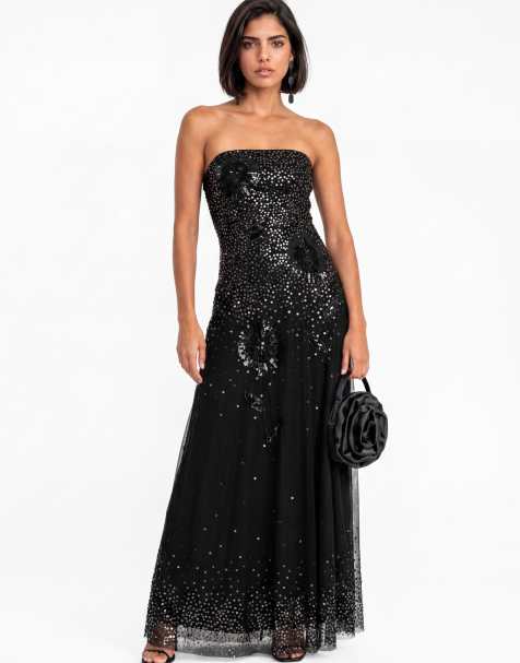Maya Black floral embellished bandeau tulle maxi dress in black