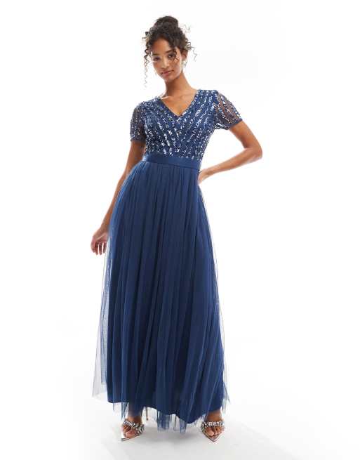 Maya – Brautjungfer – Maxikleid in französischem Marineblau mit Gürtel und verzierten Streifen