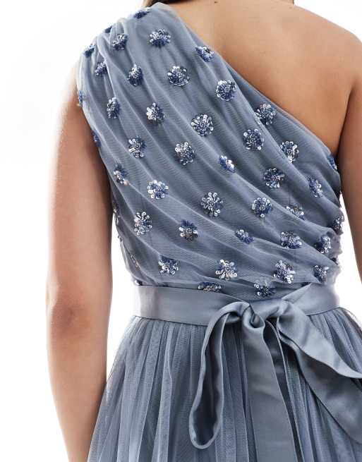 Maya – Brautjungfer – Verziertes Maxikleid in Staubblau mit One-Shoulder-Träger, 3 von 4