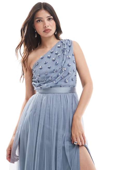 Maya – Brautjungfer – Verziertes Maxikleid in Staubblau mit One-Shoulder-Träger, 4 von 4