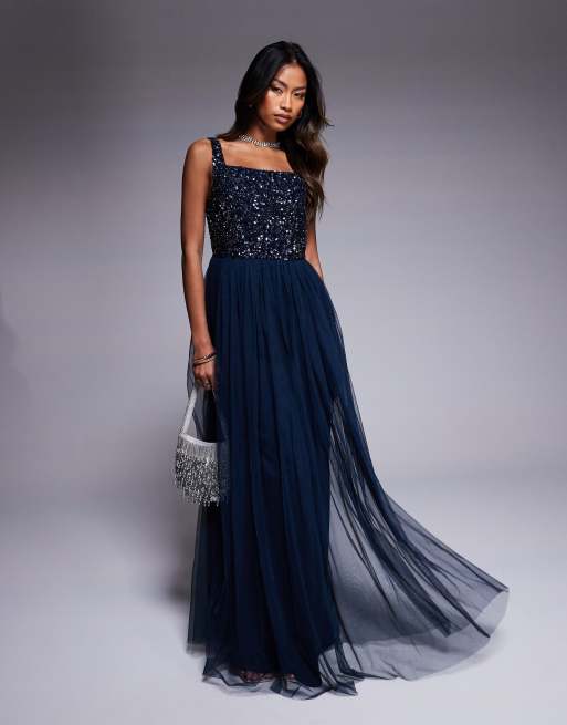 Maya – Brautjungfer – Verziertes Träger-Maxikleid in Marineblau