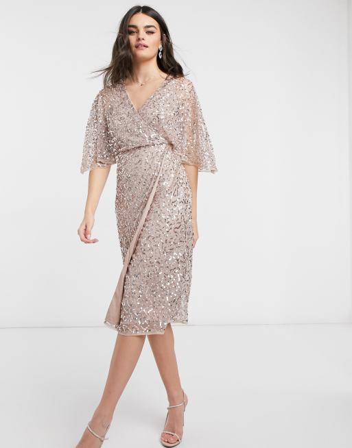 Maya – Brautjungfern-Midikleid mit Pailletten und Wickeldesign in Helltaupe, 4 von 4