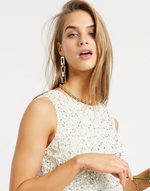 Lace & Beads embellished crop top in white