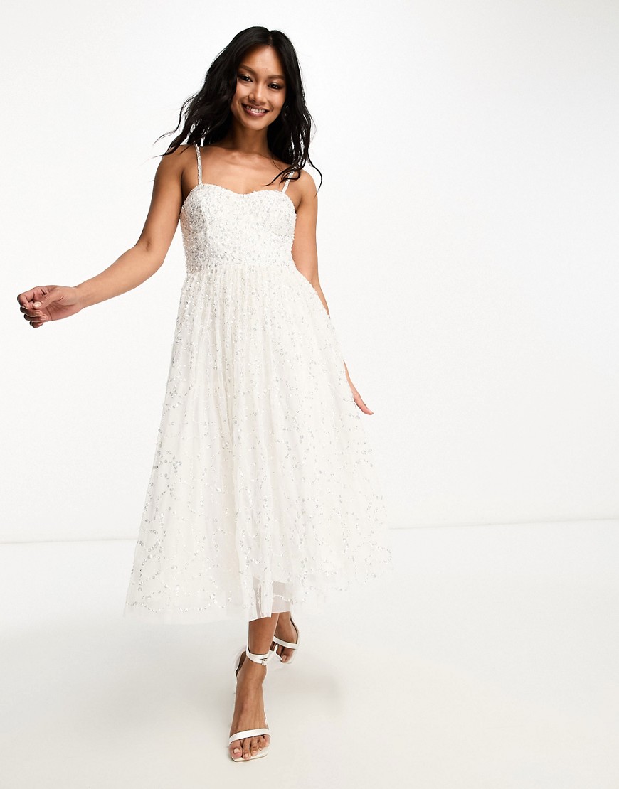 Bridal allover embellished midaxi dress with full skirt in ivory - part of a set-White