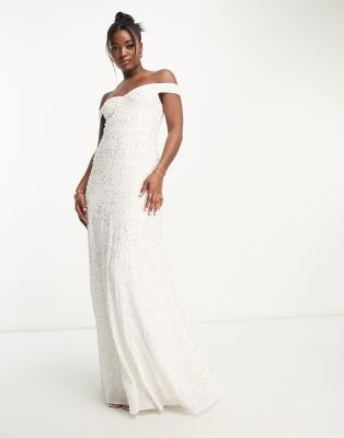 Bridal bardot fishtail embellished maxi dress in ivory-White