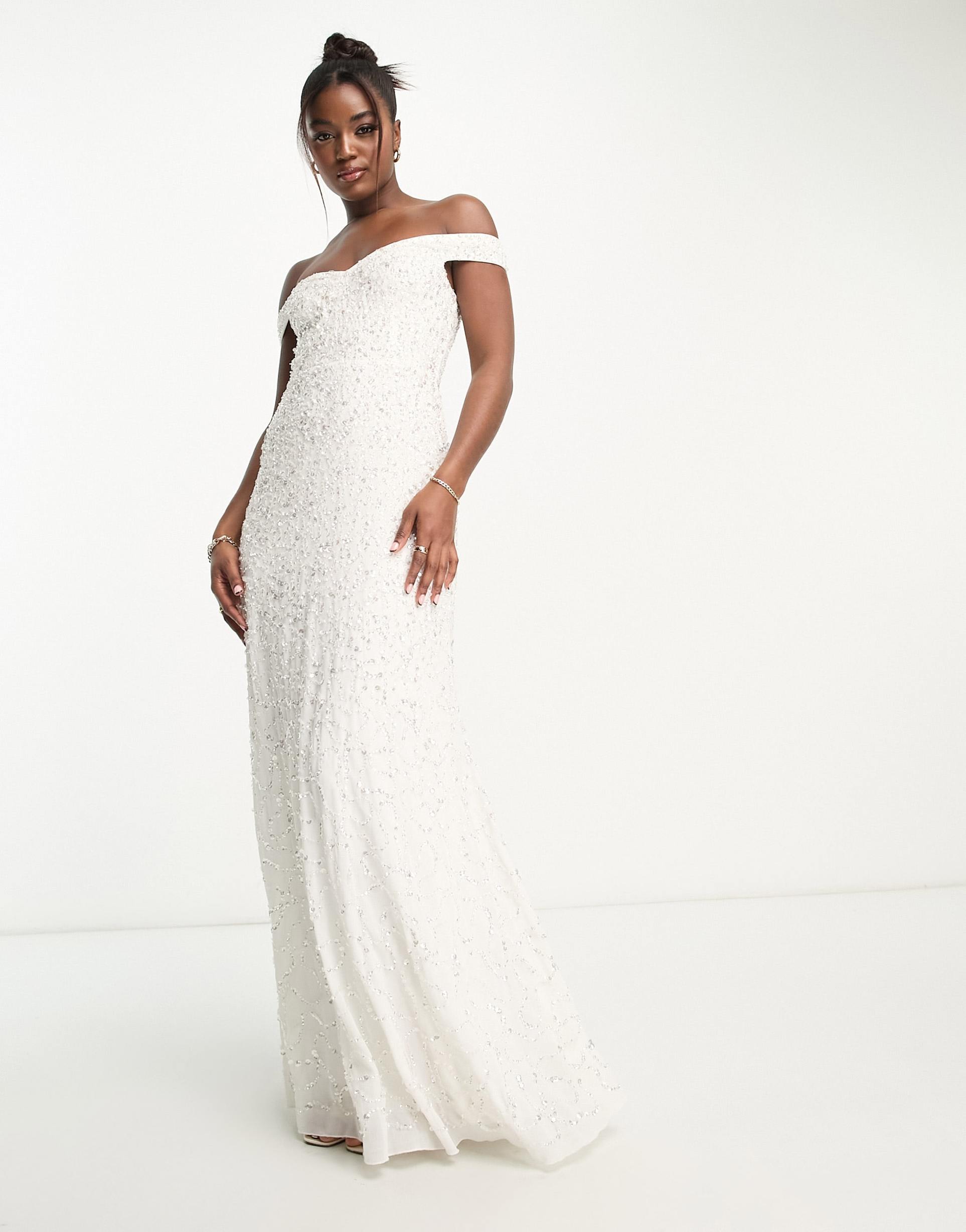 maya bridal bardot fishtail embellished maxi dress in ivory