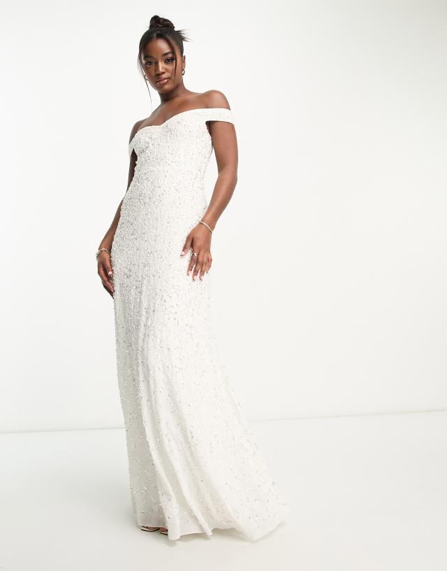 Maya Bridal bardot fishtail embellished maxi dress in ivory