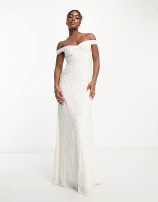 Maya Bridal bardot fishtail embellished maxi dress in ivory | ASOS