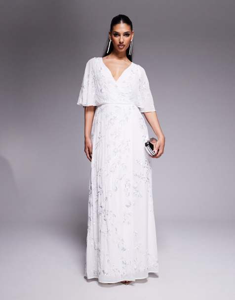 Maya Bridal floral embellished cape sleeve faux wrap maxi dress in white