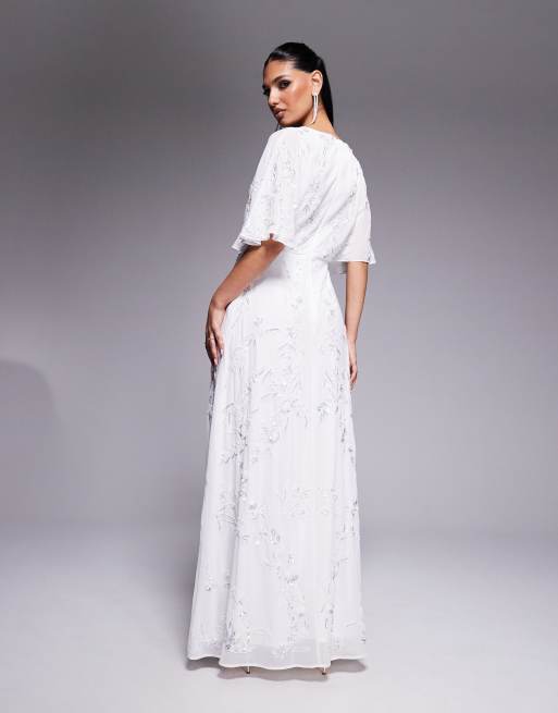 Maya Bridal floral embellished cape sleeve faux wrap maxi dress in white, 3 of 4