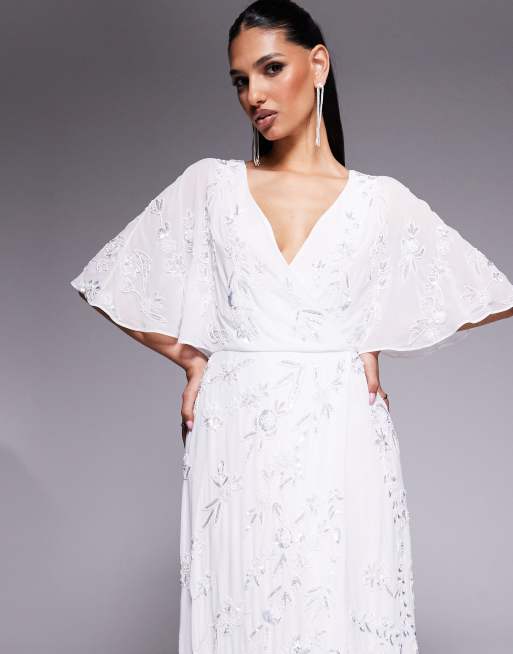 chinese dress ladies Pink V Neck Flounce Sleeve Embellished Mesh Gown main image 0