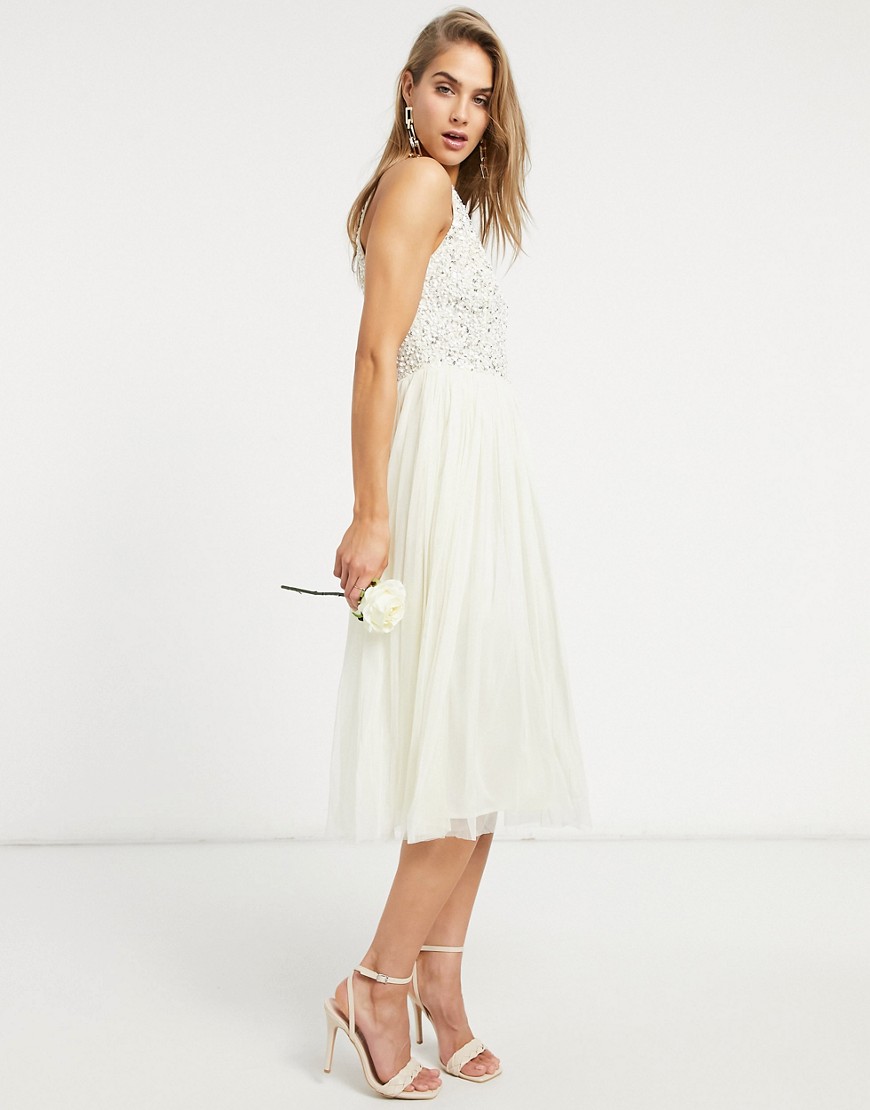 Maya Bridal halterneck midi tulle dress with tonal delicate sequin in ecru-White