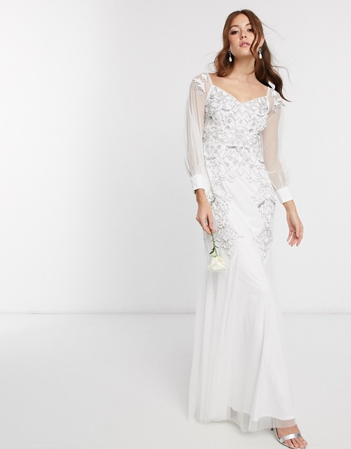 Maya Bridal off shoulder embellished maxi dress with bell sleeves in white
