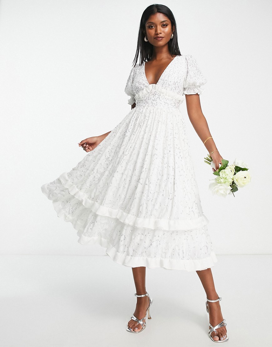 bridal puff sleeve bridal dress in ivory-White
