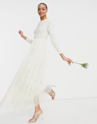 Maya – Bridal – Sukienka maxi w kolorze ecru z cekinową górą, długimi rękawami i tiulową spódnicą