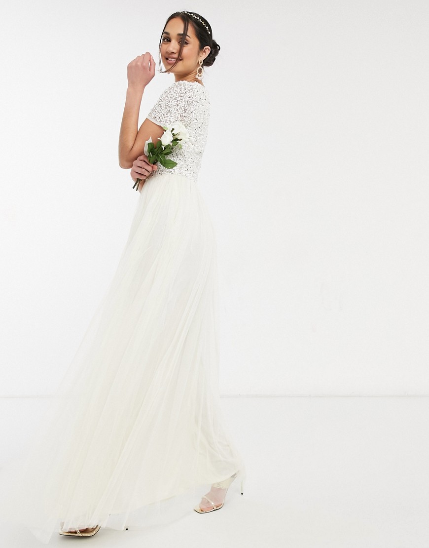 Maya Bridal v neck maxi tulle dress with tonal delicate sequin in ecru-White