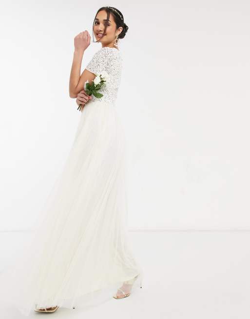 Maya Bridal v neck maxi tulle dress with tonal delicate sequin in ecru