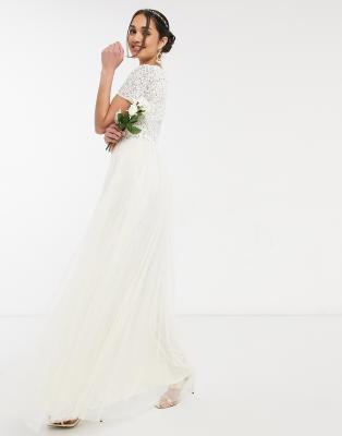 Maya Bridal V Neck Maxi Tulle Dress With Tonal Delicate Sequin In Ecru-white