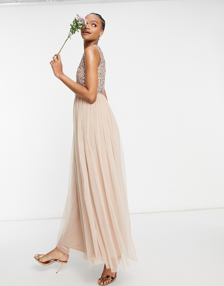 Maya Bridesmaid 2 in 1 maxi tulle dress with tonal delicate sequin in taupe blush-Pink