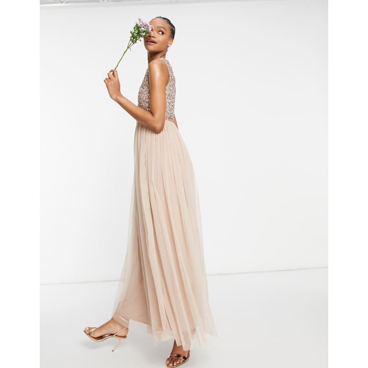 Maya bridesmaid v neck maxi tulle dress with tonal delicate sequins hotsell