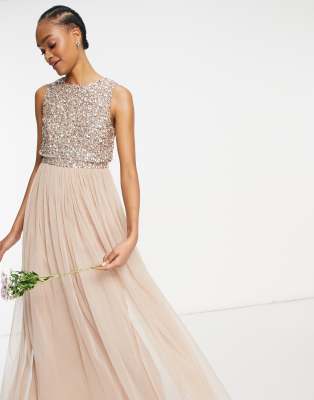 maya bridesmaid long sleeve maxi tulle dress with tonal delicate sequins in taupe blush