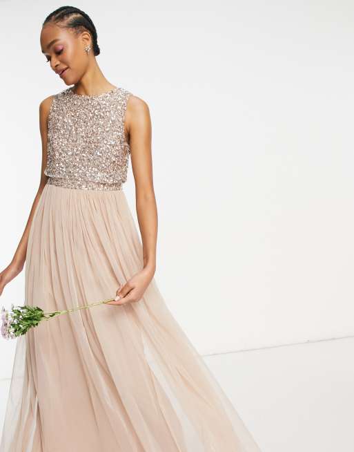 Maya bridesmaid v neck maxi tulle dress hotsell with tonal delicate sequins in taupe blush