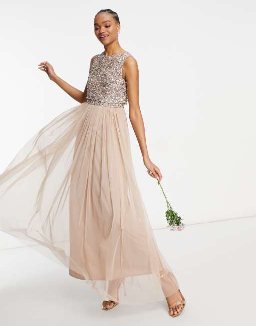 Maya petite bridesmaid long sleeve maxi tulle dress with tonal delicate sequins in taupe blush sale