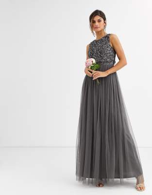 Maya - Bridesmaid - 2-in-1-Maxikleid in Dunkelgrau mit zarten Pailletten