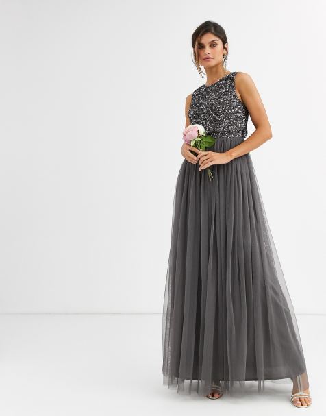 Maya – Bridesmaid – 2-in-1-Maxikleid in Dunkelgrau mit zarten Pailletten