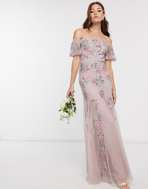 Maya Bridesmaid all over floral embellished bardot maxi dress in pink