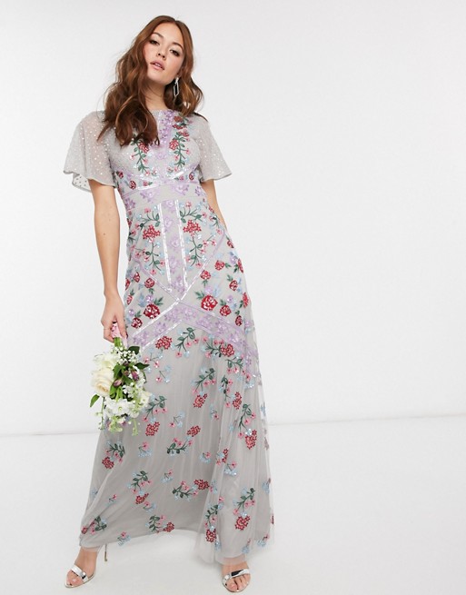 Maya Bridesmaid all over floral embellished fluted sleeve maxi dress in silver