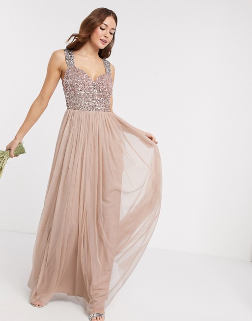 Maya Bridesmaid allover contrast sequin bust maxi dress in taupe blush