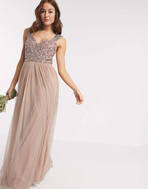 Maya Bridesmaid allover contrast sequin bust maxi dress in taupe blush