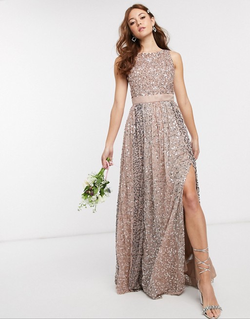 Maya Bridesmaid allover contrast tonal delicate sequin dress with satin waist in taupe blush