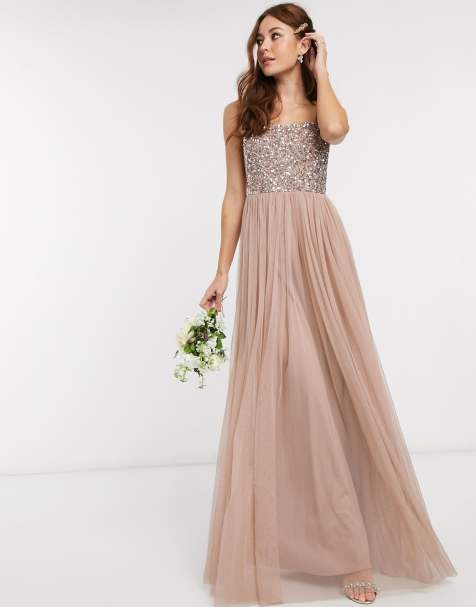 Maya – Bridesmaid – Ärmelloses Maxi-Tüllkleid mit eckigem Ausschnitt und farblich abgestimmter, zarter Pailletten-Oberlage in Taupe-Hellrot