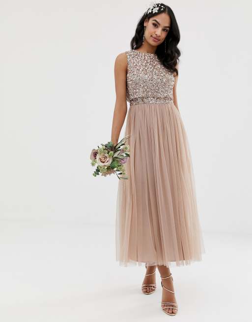 Maya Bridesmaid Armelloses Midaxi Tullkleid mit farblich passendem feinem Pailletten Overlay in Helltaupe