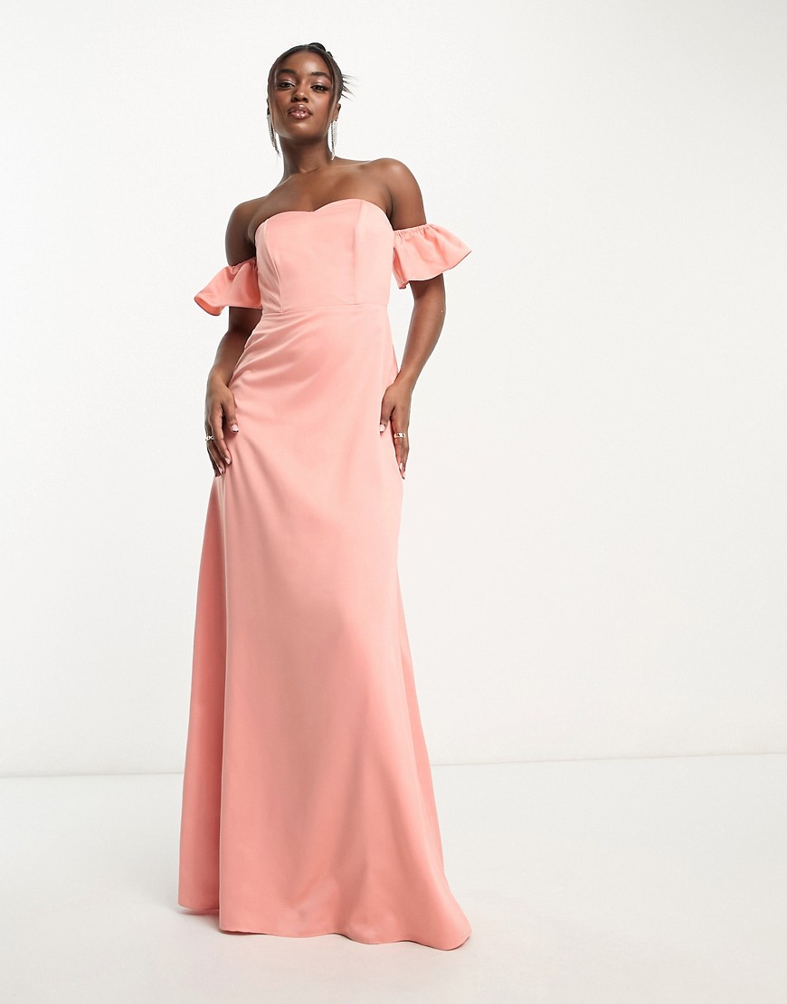 Bridesmaid bardot maxi dress in terracotta pink