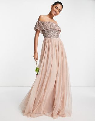 Bridesmaid bardot maxi tulle dress with tonal delicate sequins in muted blush-Neutral