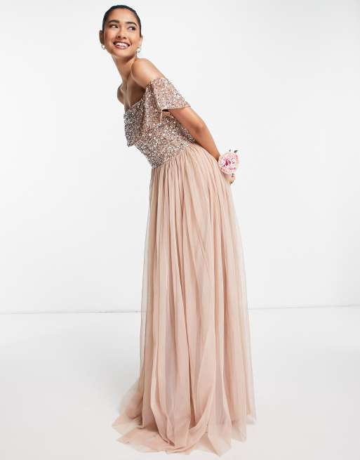 Maya bridesmaid bardot maxi tulle dress with tonal delicate sequins 2025 in taupe blush