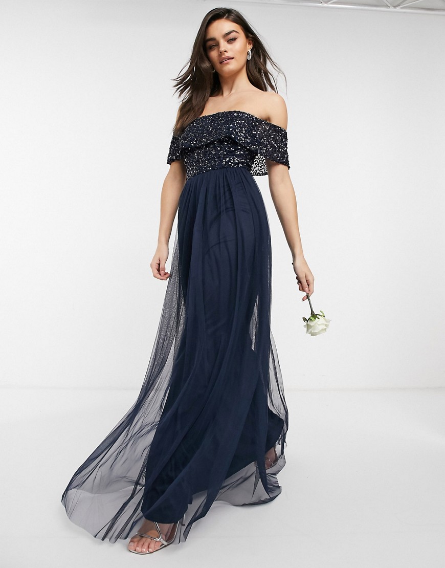 Product photo of Maya bridesmaid bardot maxi tulle dress with tonal delicate sequins in navy