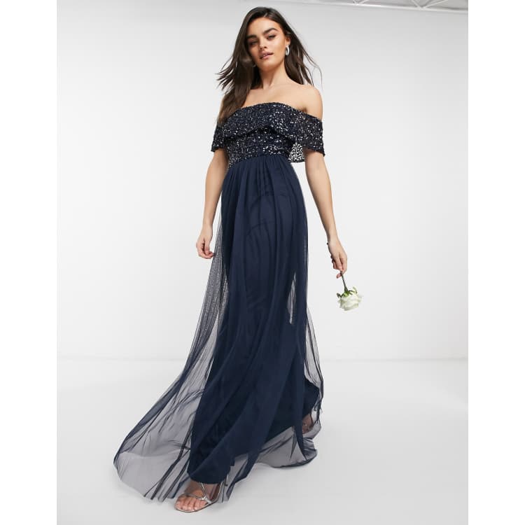 Maya Bridesmaid bardot maxi tulle dress with tonal delicate sequins in navy