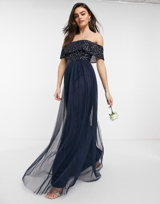 Maya Bridesmaid bardot maxi tulle dress with tonal delicate sequins in navy  | ASOS